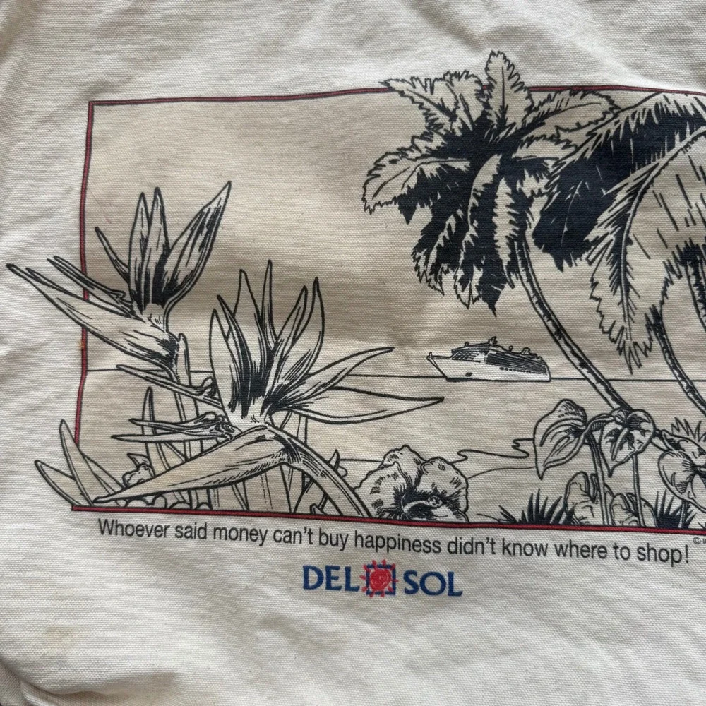 Del Sol Canvas Tote Bag Cream Tropical Palm Tree Cruise Ship Graphic 100% Cotton